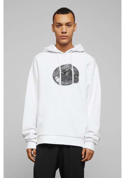 Motosiklet Live To Ride Baskılı Beyaz Erkek Örme Kapşonlu Sweatshirt Uzun Kol