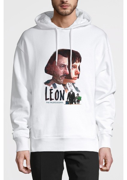 Mathilda & Leon Sevginin Gücü The Baskılı Beyaz Erkek Örme Kapşonlu Sweatshirt Uzun Kol