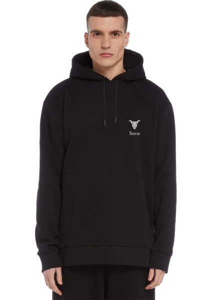 Boğa Burcu Baskılı Siyah Erkek Örme Kapşonlu Sweatshirt Uzun Kol