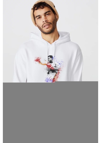 Muhammed Ali Damla Baskılı Beyaz Erkek Örme Kapşonlu Sweatshirt Uzun Kol