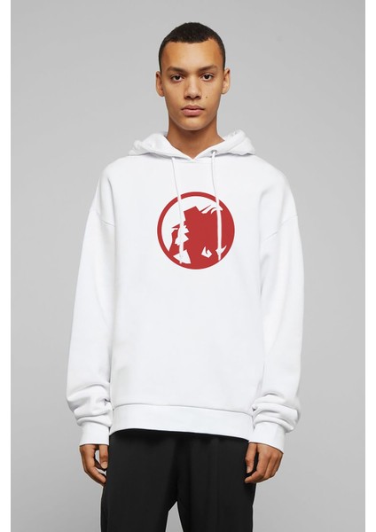 Carmen Sandiego Logo Blue Side Baskılı Beyaz Erkek Örme Kapşonlu Sweatshirt Uzun Kol