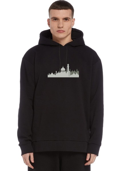 Silhouette Mosque 2 Baskılı Siyah Erkek Örme Kapşonlu Sweatshirt Uzun Kol
