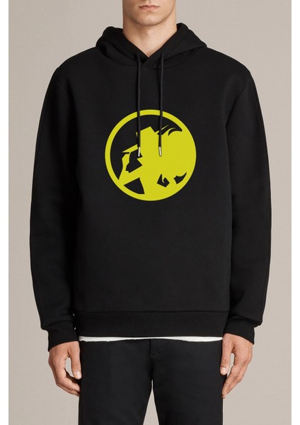 Carmen Sandiego Logo Blue Side Baskılı Siyah Erkek Örme Kapşonlu Sweatshirt Uzun Kol