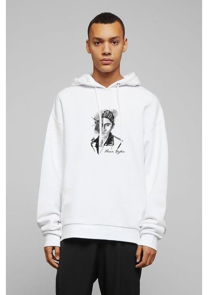 Franz Kafka Baskılı Beyaz Erkek Örme Kapşonlu Sweatshirt Uzun Kol