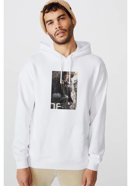 Newt Maze Runner Baskılı Beyaz Erkek Örme Kapşonlu Sweatshirt Uzun Kol