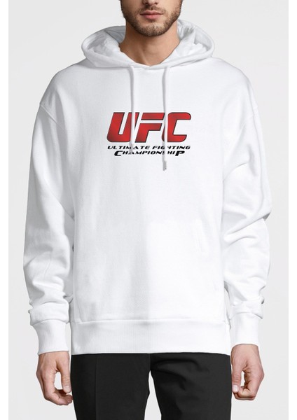 Ufc Ultimate Fighting Championship Logo Baskılı Beyaz Erkek Örme Kapşonlu Sweatshirt Uzun Kol