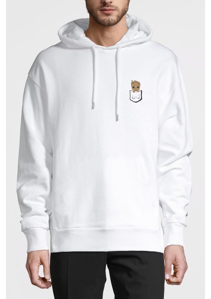 Groot Baby Cep Baskılı Beyaz Erkek Örme Kapşonlu Sweatshirt Uzun Kol