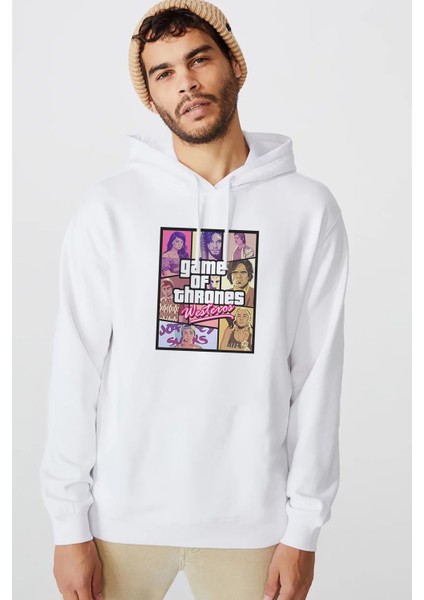 Game Of Thrones Comic Baskılı Beyaz Erkek Örme Kapşonlu Sweatshirt Uzun Kol
