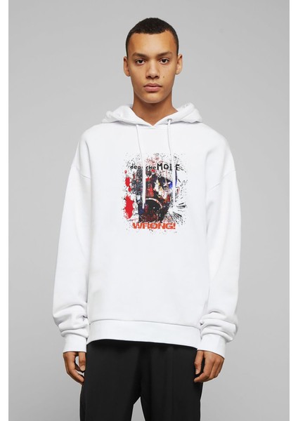 Depeche Mode Wrong Baskılı Beyaz Erkek Örme Kapşonlu Sweatshirt Uzun Kol