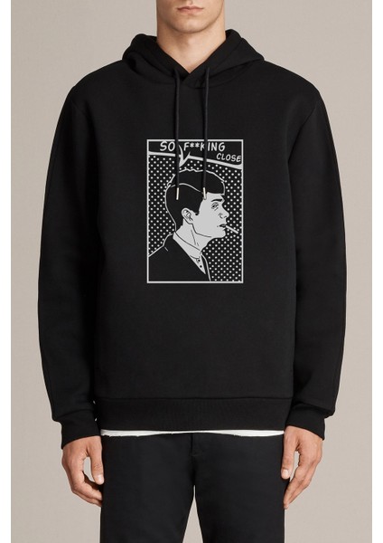 Peaky Blinders So Fucking Close Baskılı Siyah Erkek Örme Kapşonlu Sweatshirt Uzun Kol