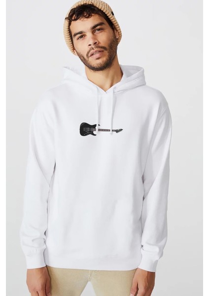 Esp Gitar Esp Kirk Hammett Elektro Baskılı Beyaz Erkek Örme Kapşonlu Sweatshirt Uzun Kol