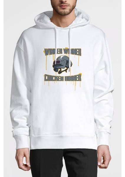 Pubg Winner 3 Lvl Kask Baskılı Beyaz Erkek Örme Kapşonlu Sweatshirt Uzun Kol