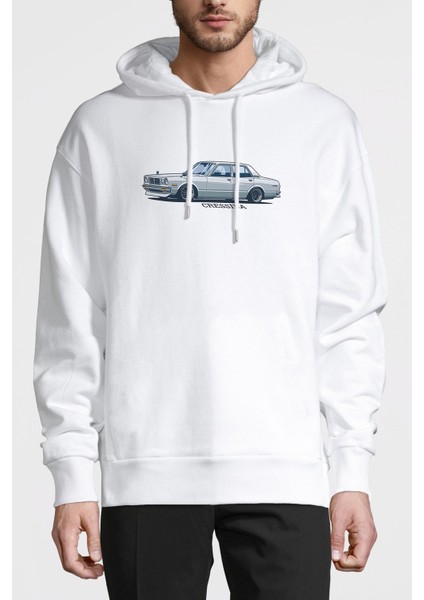 Toyota Cressida RX30 Baskılı Beyaz Erkek Örme Kapşonlu Sweatshirt Uzun Kol