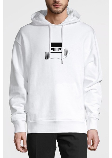 Jeep Baskılı Beyaz Erkek Örme Kapşonlu Sweatshirt Uzun Kol