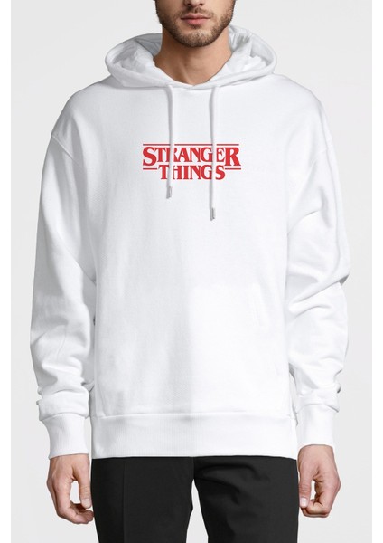 Stranger Things Logo Baskılı Beyaz Erkek Örme Kapşonlu Sweatshirt Uzun Kol