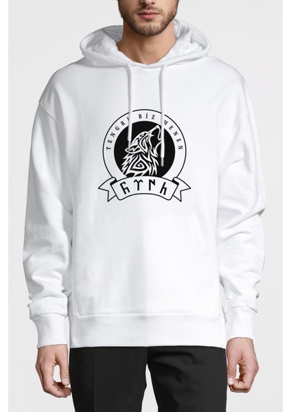 Göktürk Tengri Biz Menen Baskılı Beyaz Erkek Örme Kapşonlu Sweatshirt Uzun Kol