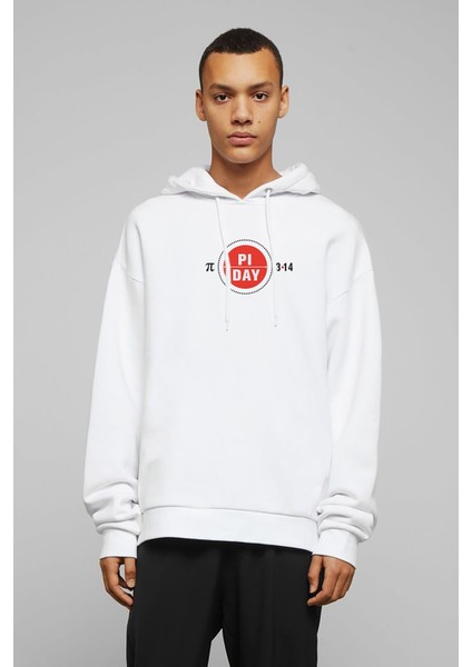 14 Mart Dünya Pi Günü Baskılı Beyaz Erkek Örme Kapşonlu Sweatshirt Uzun Kol