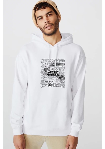 Arctic Monkeys Songs Baskılı Beyaz Erkek Örme Kapşonlu Sweatshirt Uzun Kol
