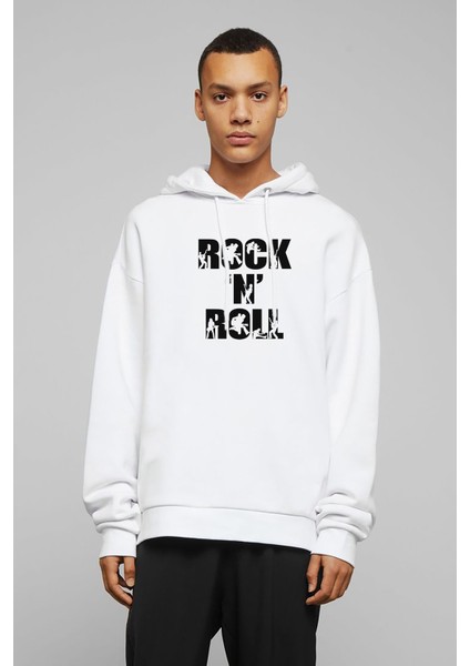 Rock'n Roll Rock Baskılı Beyaz Erkek Örme Kapşonlu Sweatshirt Uzun Kol