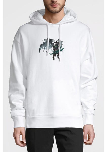 World Of Warcraft Illidan Stormrage Baskılı Beyaz Erkek Örme Kapşonlu Sweatshirt Uzun Kol
