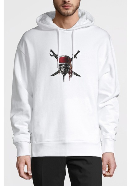 Pirates Of Caribbean Kurukafa Cpt Sparrow Baskılı Beyaz Erkek Örme Kapşonlu Sweatshirt Uzun Kol