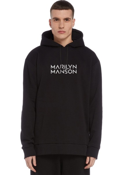 Marilyn Manson Baskılı Siyah Erkek Örme Kapşonlu Sweatshirt Uzun Kol