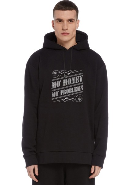 No Money No Problem Baskılı Siyah Erkek Örme Kapşonlu Sweatshirt Uzun Kol