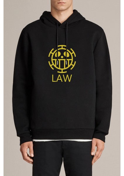 One Piece Law Logo Baskılı Siyah Erkek Örme Kapşonlu Sweatshirt Uzun Kol