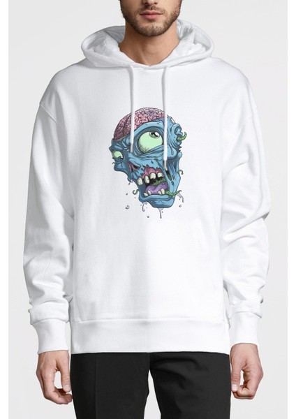 Zombie Baskılı Beyaz Erkek Örme Kapşonlu Sweatshirt Uzun Kol
