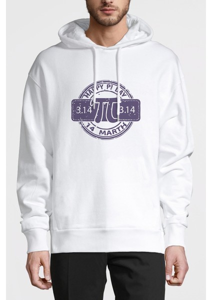 Pi Purble Logo Baskılı Beyaz Erkek Örme Kapşonlu Sweatshirt Uzun Kol