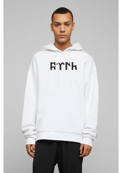 Göktürk Türk Baskılı Beyaz Erkek Örme Kapşonlu Sweatshirt Uzun Kol
