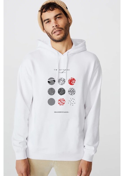 Twenty One Pilots Blurryface Baskılı Beyaz Erkek Örme Kapşonlu Sweatshirt Uzun Kol