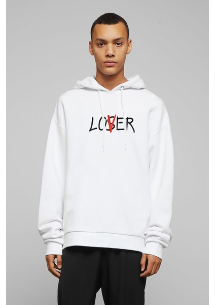 Loser Lover Baskılı Beyaz Erkek Örme Kapşonlu Sweatshirt Uzun Kol