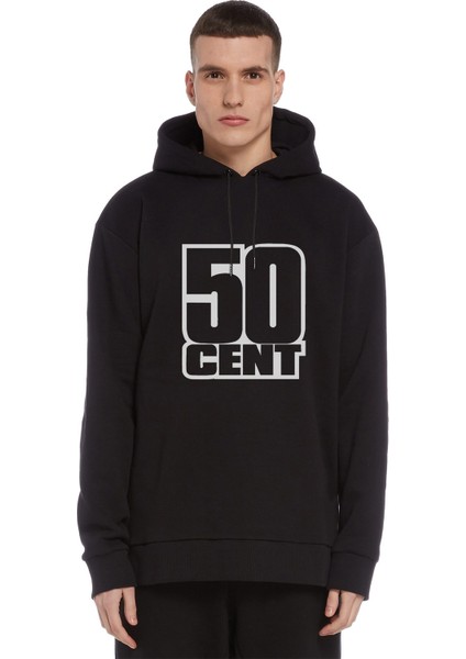 50 Cent Logo Baskılı Siyah Erkek Örme Kapşonlu Sweatshirt Uzun Kol