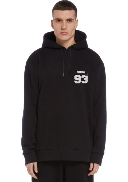 Bts Suga 93 Baskılı Siyah Erkek Örme Kapşonlu Sweatshirt Uzun Kol