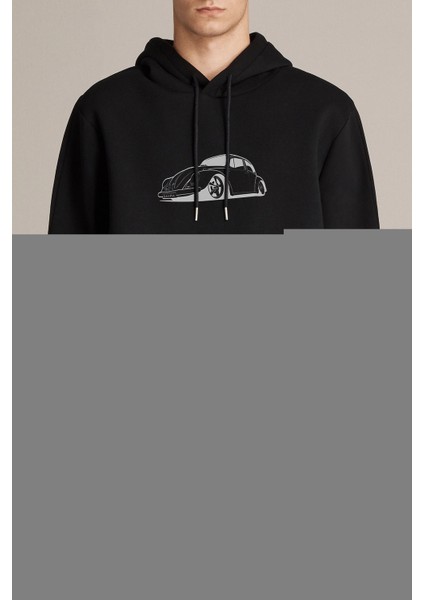 Araba Beetle Vector Baskılı Siyah Erkek Örme Kapşonlu Sweatshirt Uzun Kol