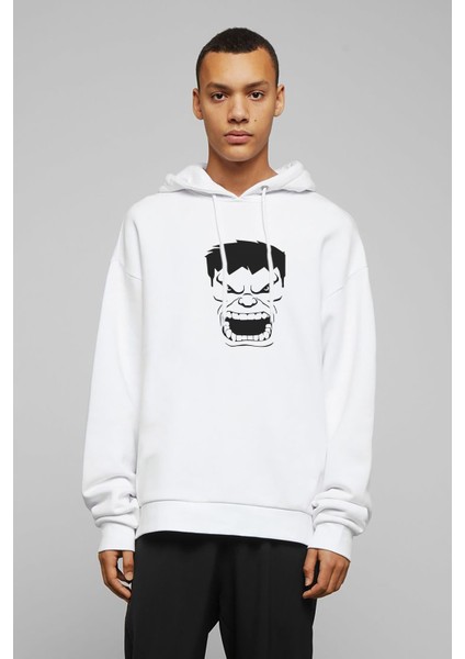 Hulk Öfkeli Baskılı Beyaz Erkek Örme Kapşonlu Sweatshirt Uzun Kol