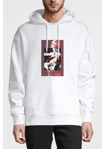 Moonbyul Baskılı Beyaz Erkek Örme Kapşonlu Sweatshirt Uzun Kol