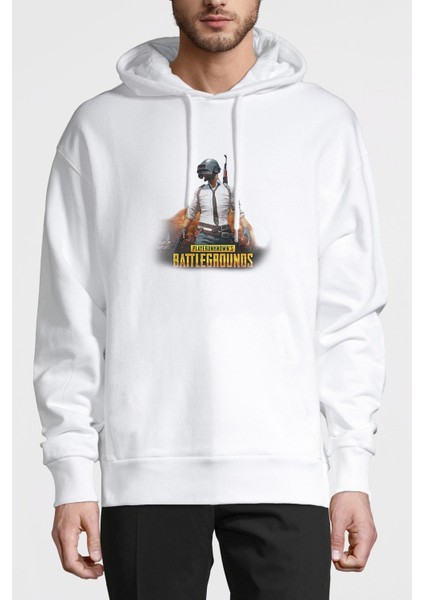 Pubg Patlama 3 Lvl Kask Baskılı Beyaz Erkek Örme Kapşonlu Sweatshirt Uzun Kol