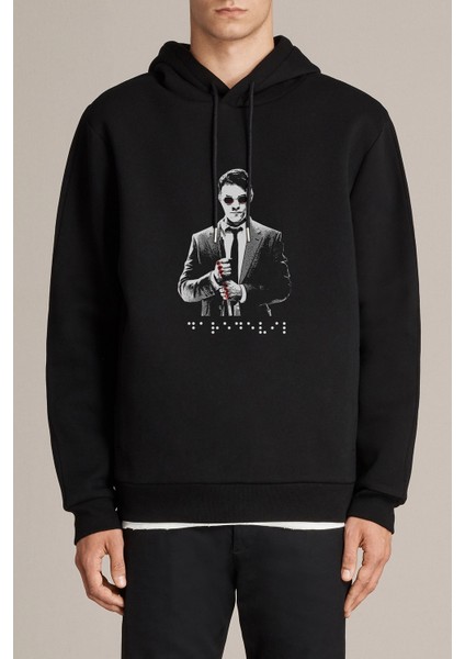 Dare Baskılı Siyah Erkek Örme Kapşonlu Sweatshirt Uzun Kol