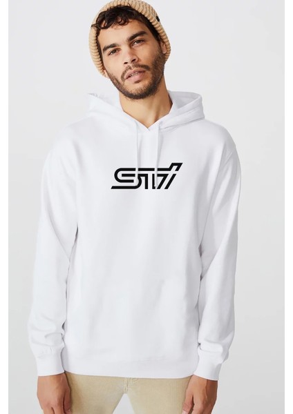 Araba Subaru Sti Baskılı Beyaz Erkek Örme Kapşonlu Sweatshirt Uzun Kol