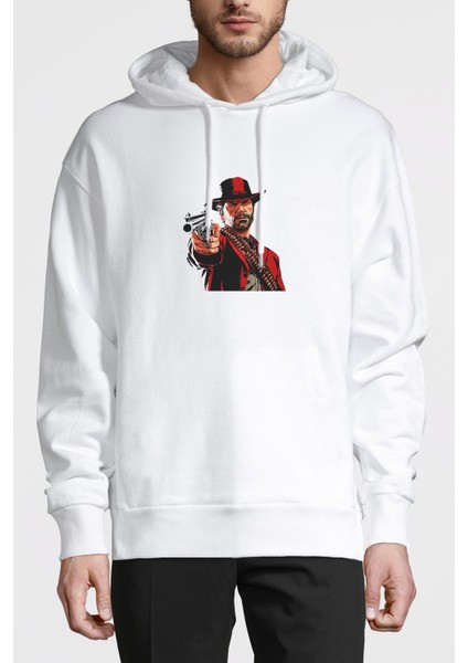 Red Dead 2 Arthur Morgan Baskılı Beyaz Erkek Örme Kapşonlu Sweatshirt Uzun Kol