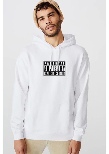 Parental Advisory Explicit Content Baskılı Beyaz Erkek Örme Kapşonlu Sweatshirt Uzun Kol