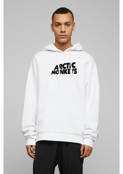 Arctic Monkeys Baskılı Beyaz Erkek Örme Kapşonlu Sweatshirt Uzun Kol