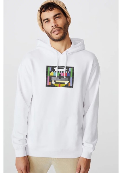 Sinyal Yok Baskılı Beyaz Erkek Örme Kapşonlu Sweatshirt Uzun Kol