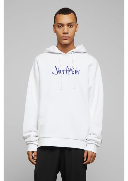 Jimi Hendrix Logo 2 Baskılı Beyaz Erkek Örme Kapşonlu Sweatshirt Uzun Kol