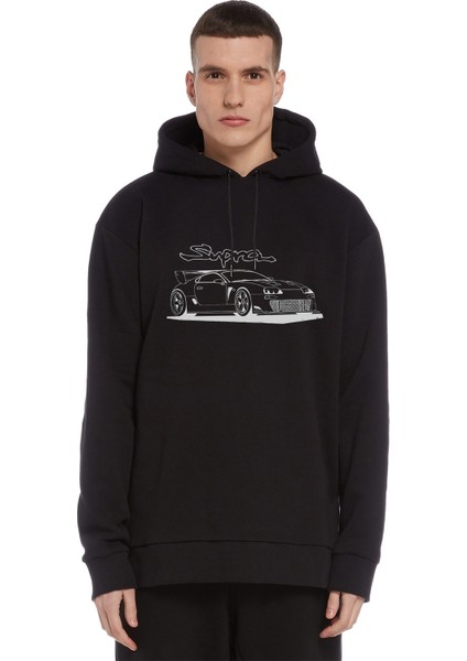Araba Supra Baskılı Siyah Erkek Örme Kapşonlu Sweatshirt Uzun Kol