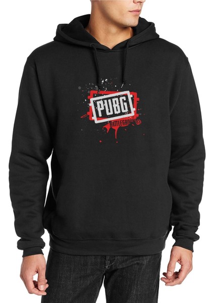 Pubg Kan Pubg Siyah Baskılı Siyah Erkek Örme Kapşonlu Sweatshirt Uzun Kol