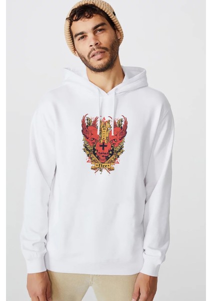 Kanatları Illüstrasyon ile Üç Kafatası Abziehtattoo Baskılı Beyaz Erkek Örme Kapşonlu Sweatshirt Uzu