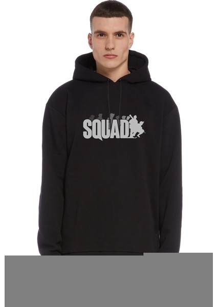 Black Squad Baskılı Siyah Erkek Örme Kapşonlu Sweatshirt Uzun Kol